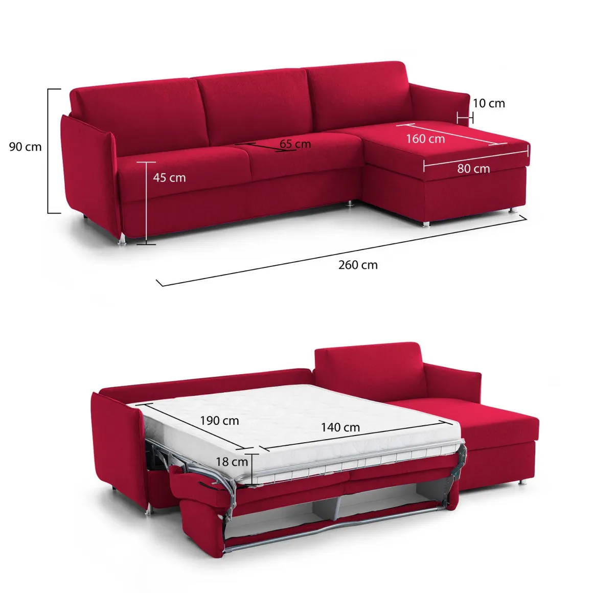 Divani Angolari|Divani Letto Con Penisola > Dmora Divano Letto con Penisola Sfoderabile Contenitore 280x160 cm, Idrorepellente Multiposizione Trasformabile in Letto Made in Italy - Celleno Rosso