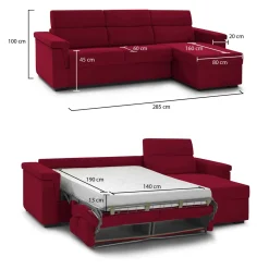 Divano Letto con Penisola Rosso Sfoderabile Contenitore 285x160 cm, Idrorepellente Multiposizione Trasformabile in Letto Made in Italy - Esca