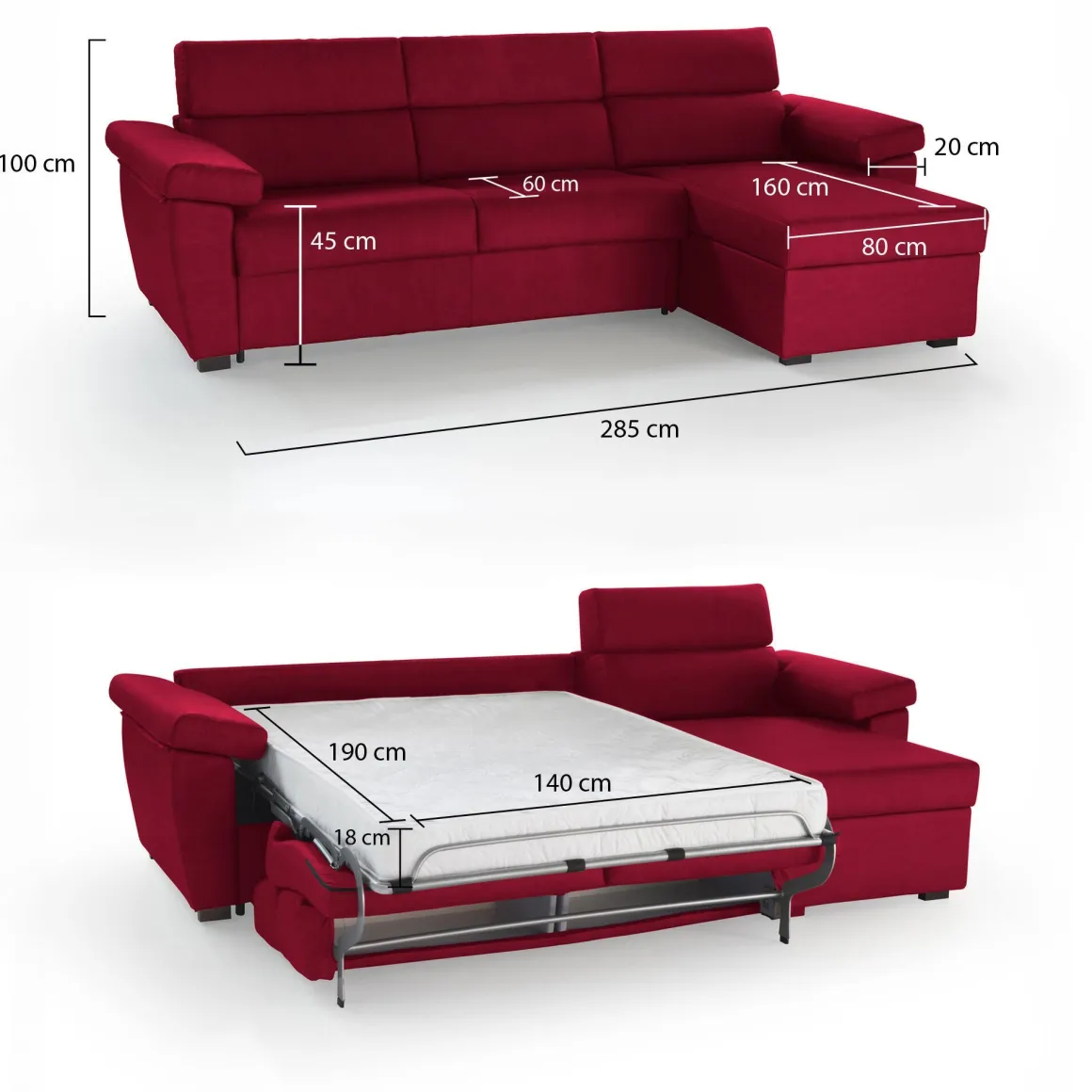 Divano Letto con Penisola Rosso Sfoderabile Contenitore 285x160 cm, Idrorepellente Multiposizione Trasformabile in Letto Made in Italy - Tolle