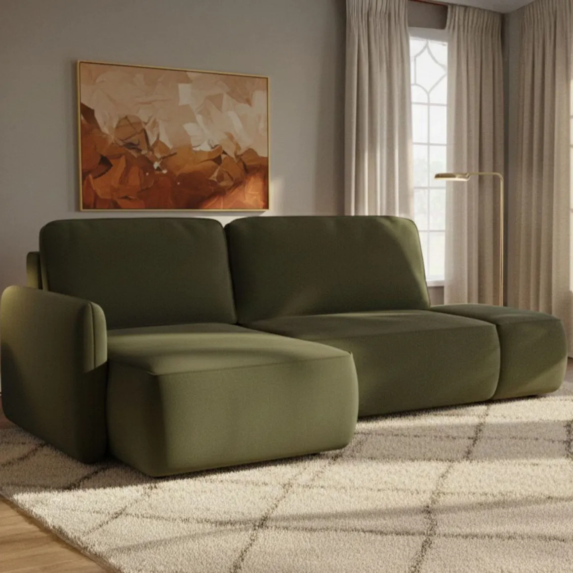 Divano Letto con Penisola Verde Contenitore Reclinabile 229x148 cm, Cuscini Sfoderabili - Rezzo