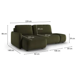 Divano Letto con Penisola Verde Contenitore Reclinabile 229x148 cm, Cuscini Sfoderabili - Rezzo