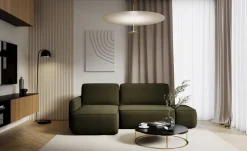 Divano Letto con Penisola Verde Contenitore Reclinabile 229x148 cm, Cuscini Sfoderabili - Rezzo
