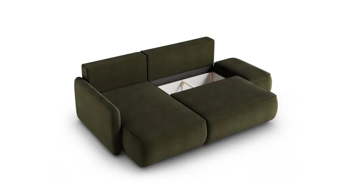 Divano Letto con Penisola Verde Contenitore Reclinabile 229x148 cm, Cuscini Sfoderabili - Rezzo