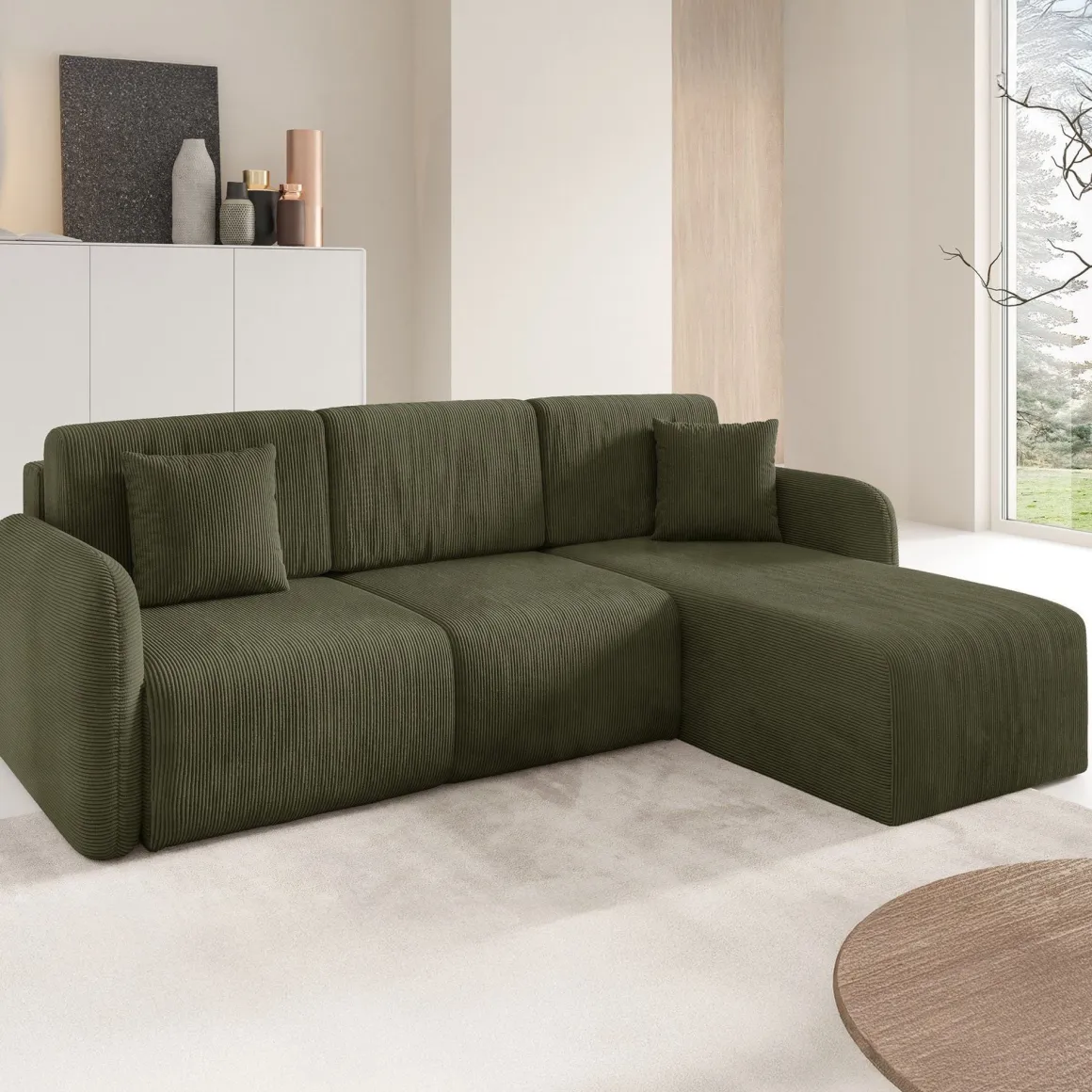 Divano Letto con Penisola Verde Contenitore Reversibile 245x185 cm, Reclinabile - Ranco