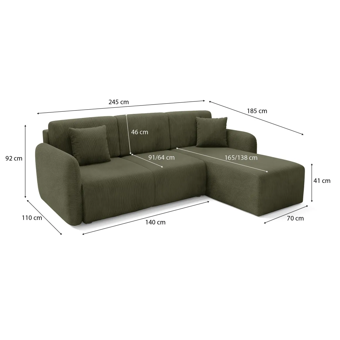 Divano Letto con Penisola Verde Contenitore Reversibile 245x185 cm, Reclinabile - Ranco