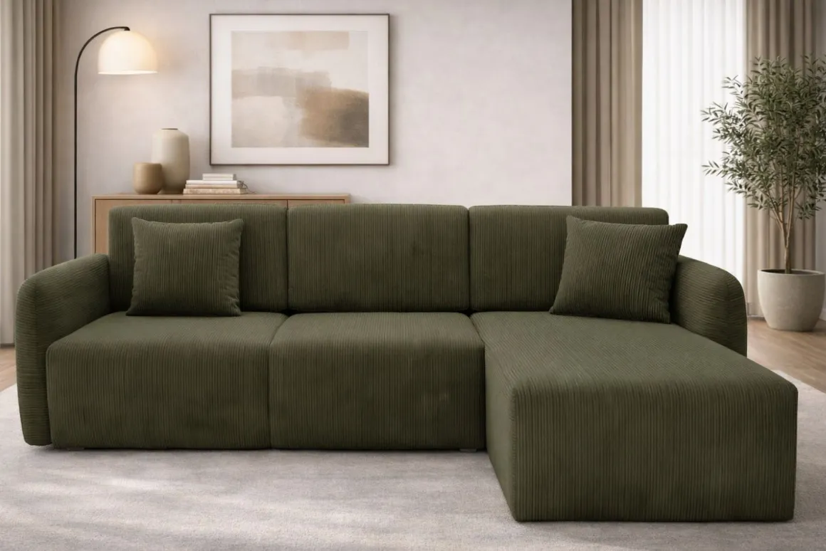 Divano Letto con Penisola Verde Contenitore Reversibile 245x185 cm, Reclinabile - Ranco