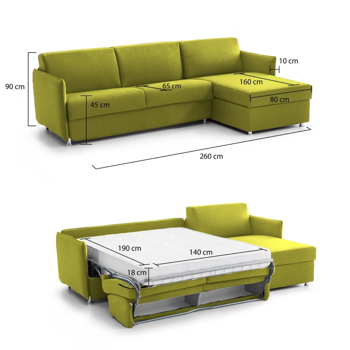 Divani Angolari|Divani Letto Con Penisola > Dmora Divano Letto con Penisola Sfoderabile Contenitore 260x160 cm, Idrorepellente Trasformabile in Letto Made in Italy - Scordia Verde