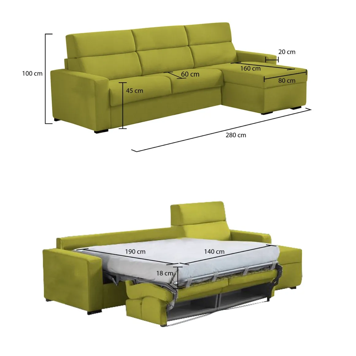 Divani Angolari|Divani Letto Con Penisola > Dmora Divano Letto con Penisola Sfoderabile Contenitore 280x160 cm, Idrorepellente Multiposizione Trasformabile in Letto Made in Italy - Pusiano Verde