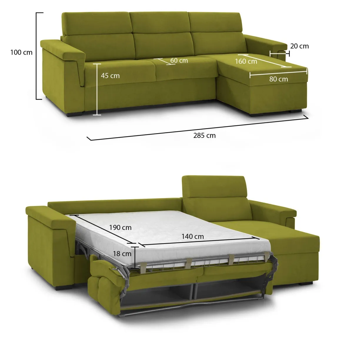 Divani Angolari|Divani Letto Con Penisola > Dmora Divano Letto con Penisola Sfoderabile Contenitore 285x160 cm, Idrorepellente Multiposizione Trasformabile in Letto Made in Italy - Priverno Verde