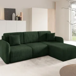 Divano Letto con Penisola Verde bottiglia Contenitore Reversibile 245x185 cm, Reclinabile - Ranco