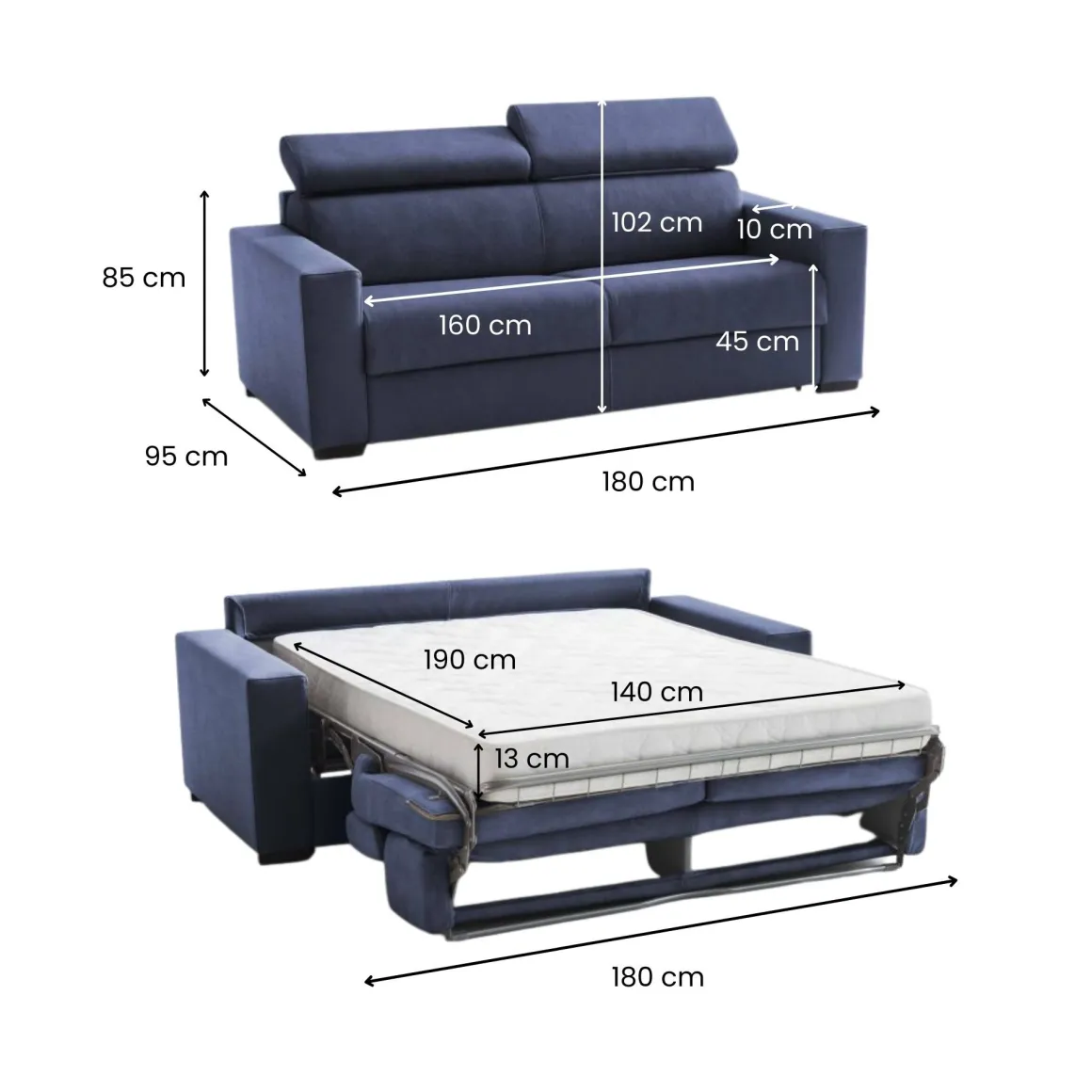 Divano letto con poggiatesta regolabili blu 180x95cm - Aieie