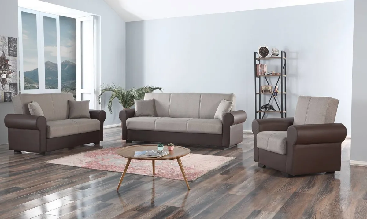 Salotto > Dmora Divano letto in legno marrone e grigio 233x84cm - Barbiano Grigio, Marrone