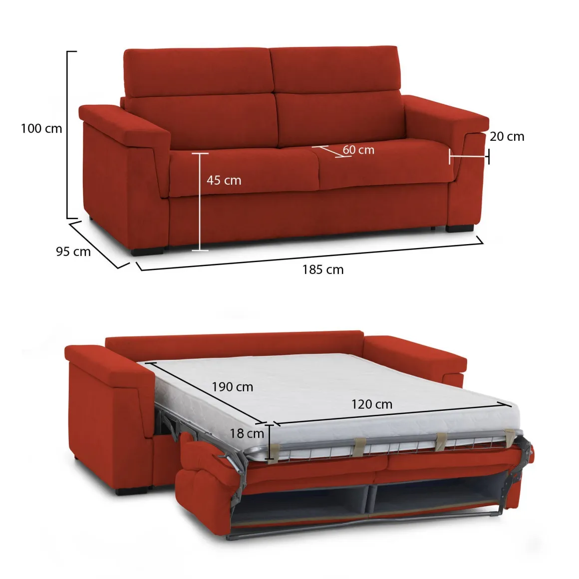 Divano Letto 2 Posti Arancione Sfoderabile Contenitore 185x95 cm, di Apertura a Ribalta Made in Italy - Rigolato