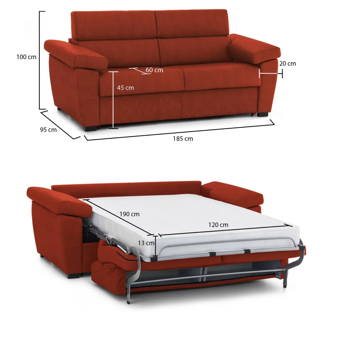 Divano Letto 2 Posti Arancione Sfoderabile Contenitore 185x95 cm, di Apertura a Ribalta Made in Italy - Seui