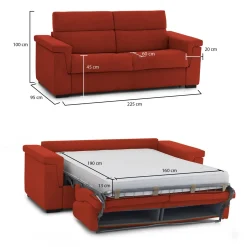 Divano Letto 3 Posti Arancione Sfoderabile Contenitore 225x95 cm, Lavabile Made in Italy - Nus