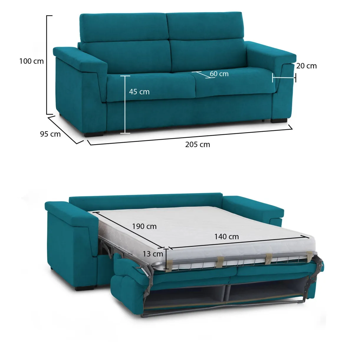 Divano Letto 2 Posti Azzurro Sfoderabile Contenitore 205x95 cm, di Apertura a Ribalta Made in Italy - Biscossi