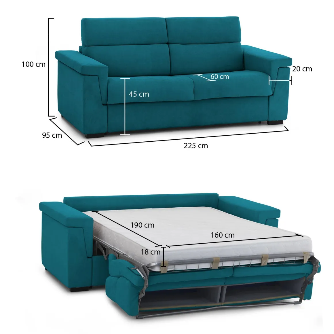 Divano Letto 3 Posti Azzurro Sfoderabile Contenitore 225x95 cm, Lavabile Made in Italy - Benedetto