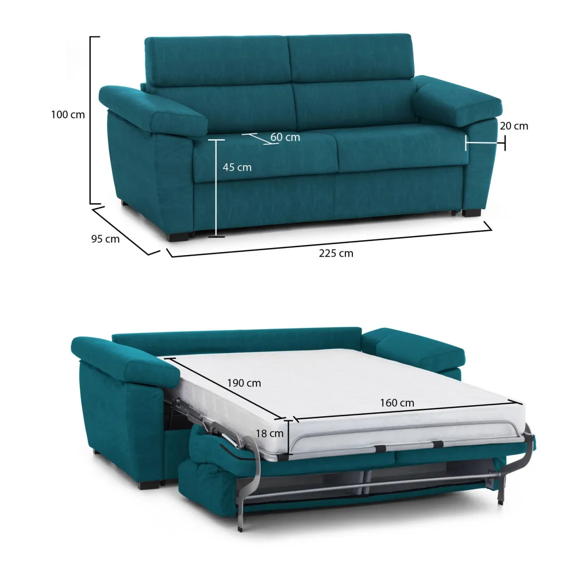 Divani Letto 3 Posti|Divano Contenitore Letto > Dmora Divano Letto 3 Posti Sfoderabile Contenitore 225x95 cm, Lavabile Made in Italy - Trino Azzurro