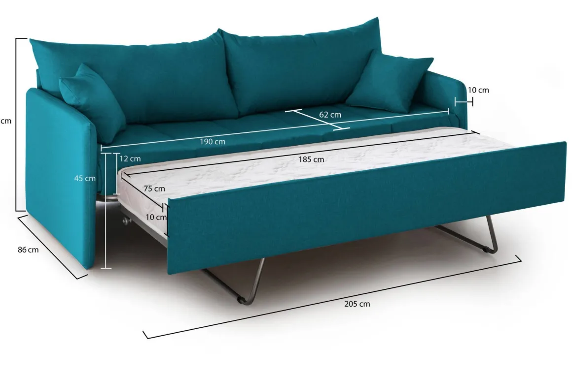 Divano Letto 3 Posti Azzurro Sfoderabile Lavabile 205x86 cm, Idrorepellente Letto Estraibile Materasso Incluso Made in Italy - Avellana