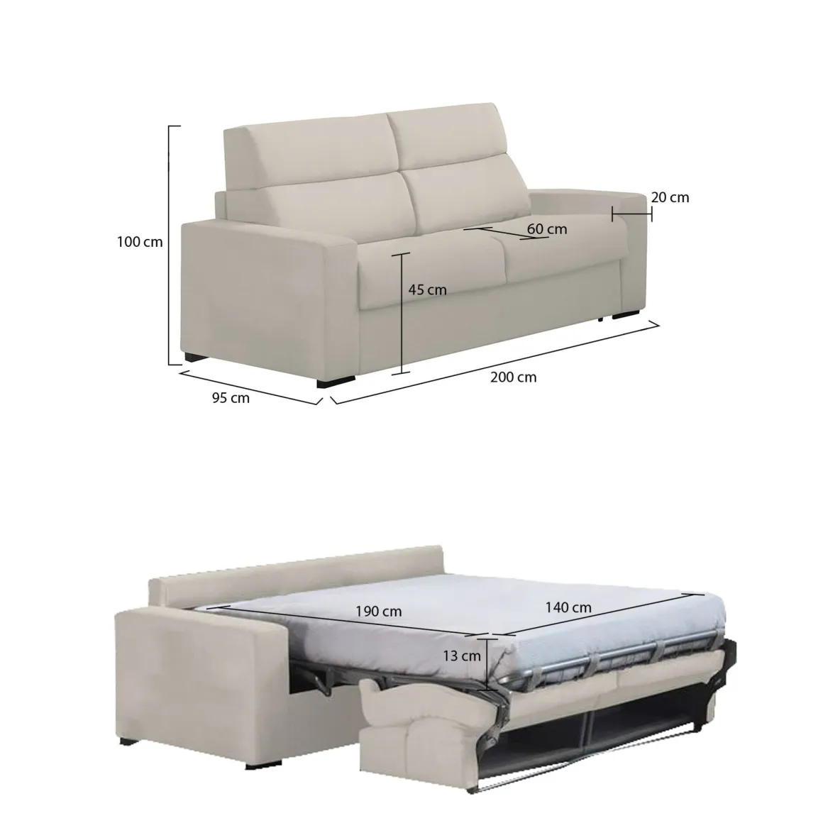 Divano Letto 2 Posti Beige Sfoderabile Contenitore 200x95 cm, di Apertura a Ribalta Made in Italy - Sonico
