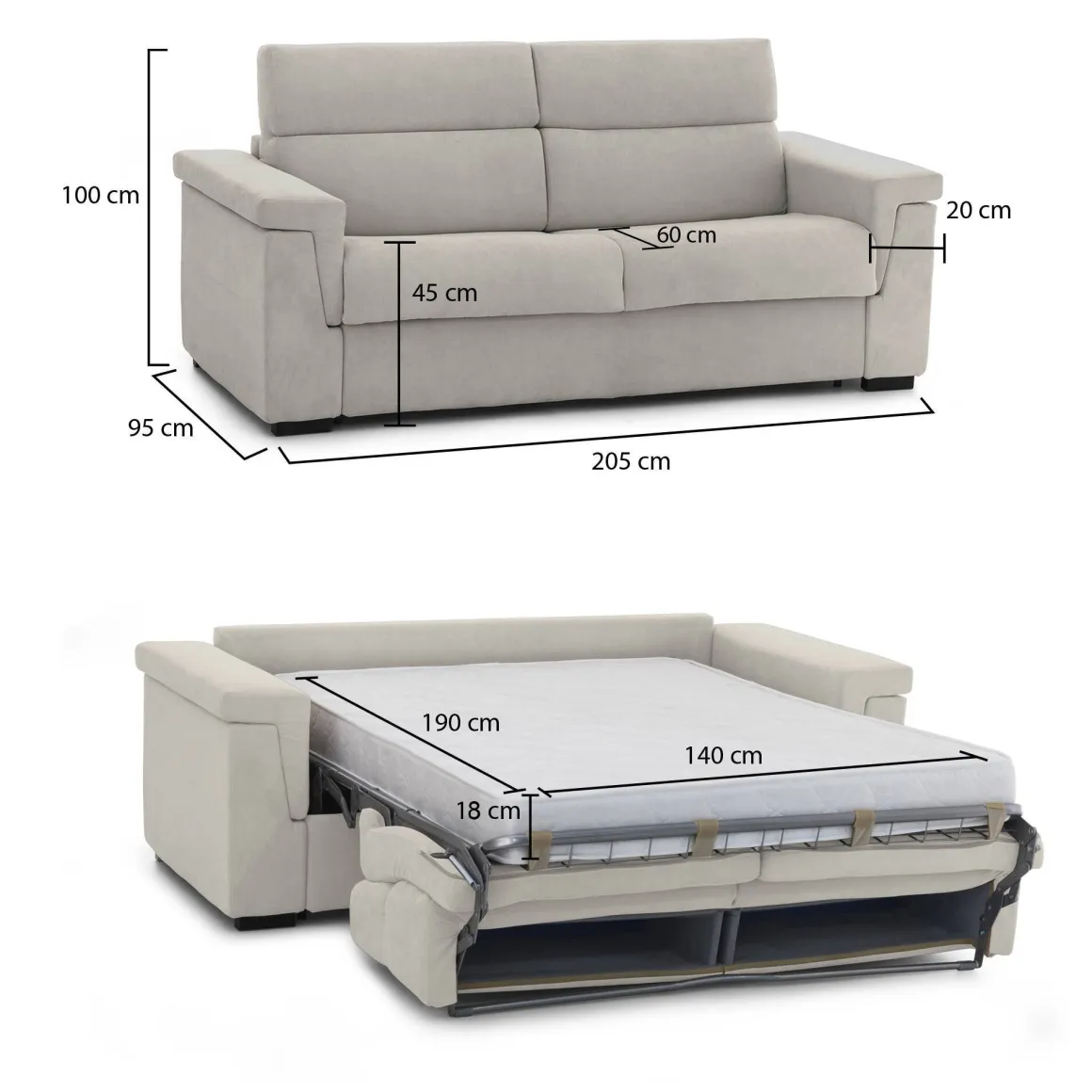 Divani Letto 2 Posti|Divano Contenitore Letto > Dmora Divano Letto 2 Posti Sfoderabile Contenitore 205x95 cm, di Apertura a Ribalta Made in Italy - Contrada Beige