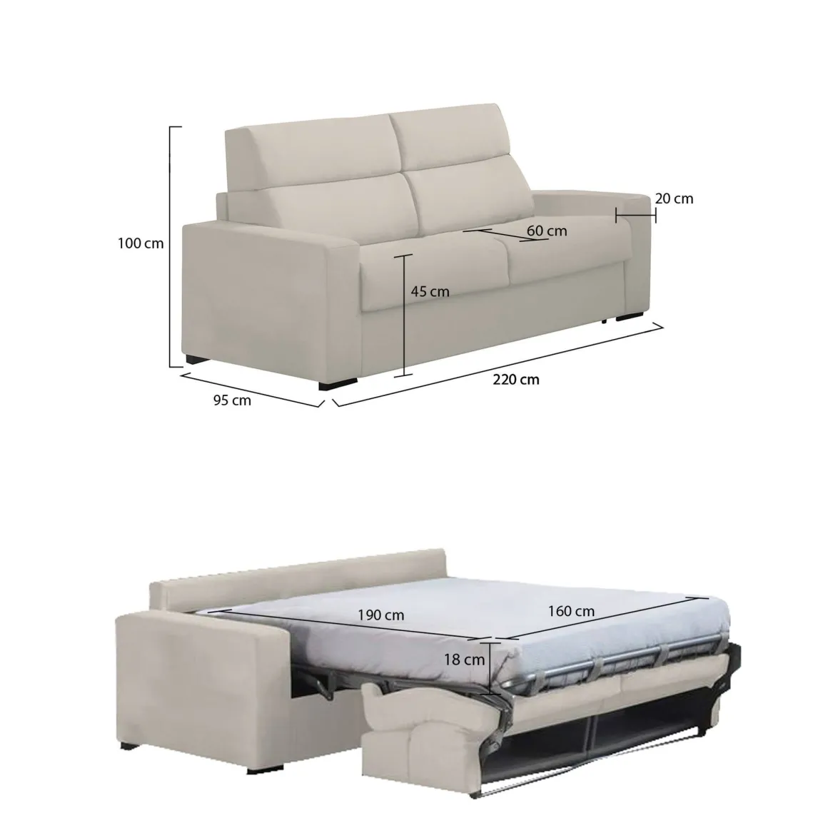 Divano Letto 3 Posti Beige Sfoderabile Contenitore 220x95 cm, Lavabile Made in Italy - Quindici