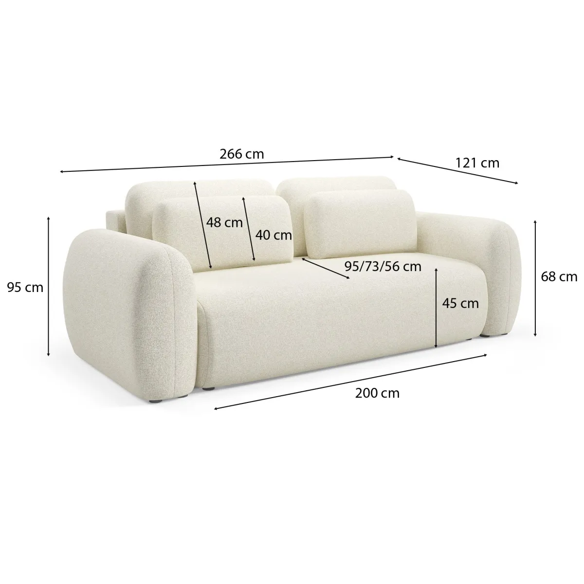 Divani Letto 3 Posti|Divano Contenitore Letto > Dmora Divano Letto 3 Posti Contenitore di Apertura a Libro 266x121 cm, Reclinabile - Sessame Bianco Crema