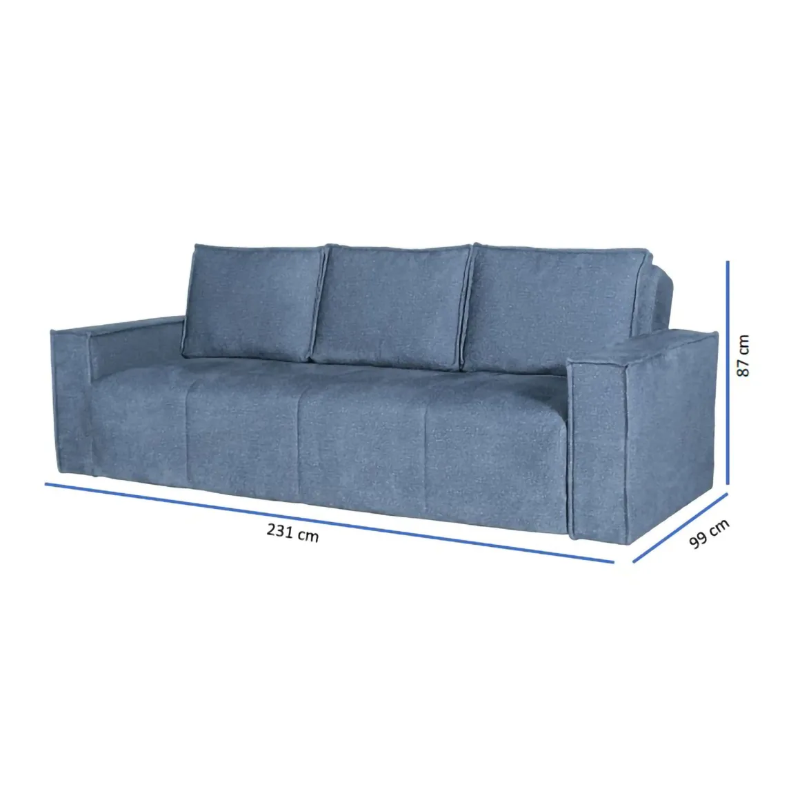 Divano Letto 3 Posti blu Contenitore di Apertura Click-clack 231x99 cm, Lavabile - Naturno
