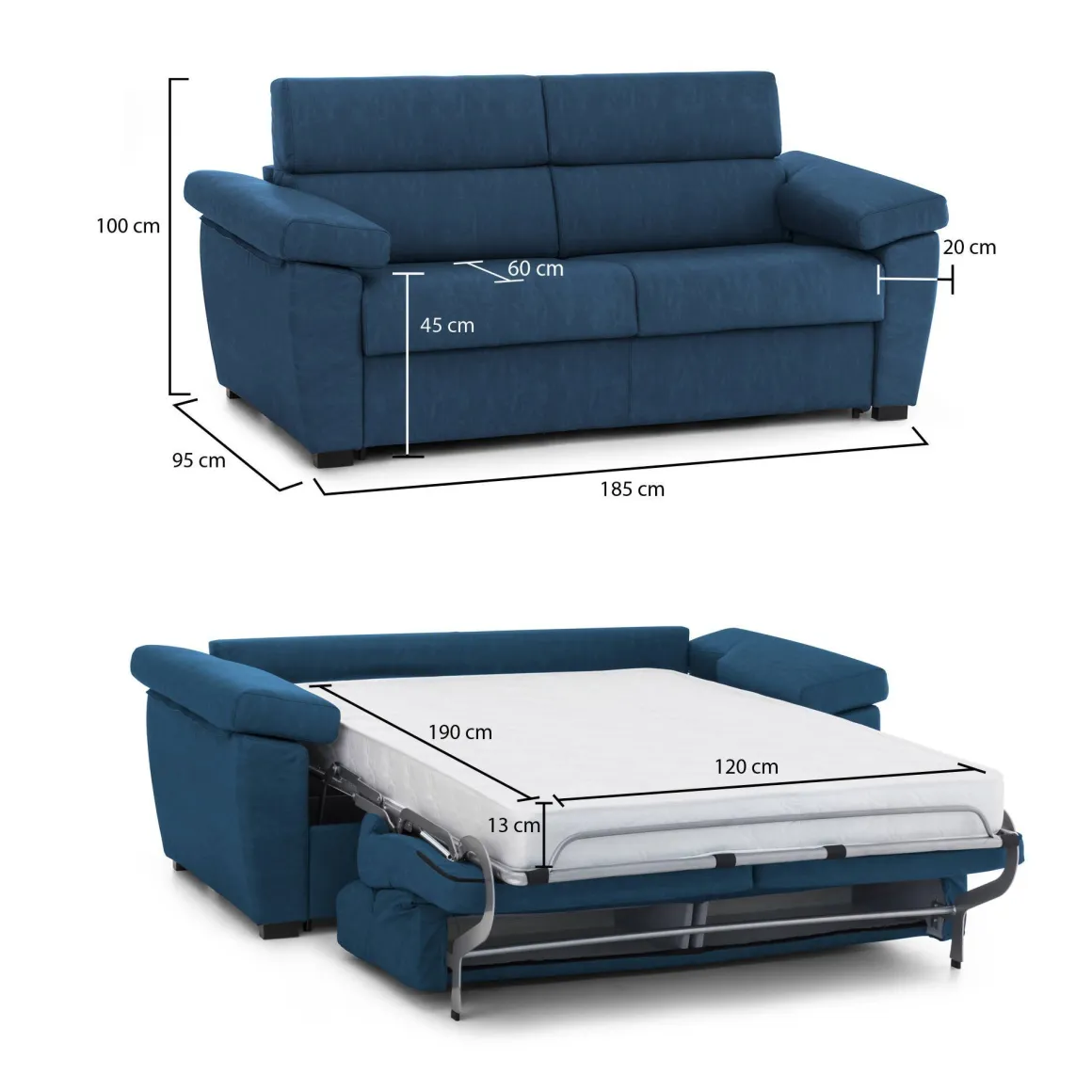 Divani Letto 2 Posti|Divano Contenitore Letto > Dmora Divano Letto 2 Posti Sfoderabile Contenitore 185x95 cm, di Apertura a Ribalta Made in Italy - Tenna Blu