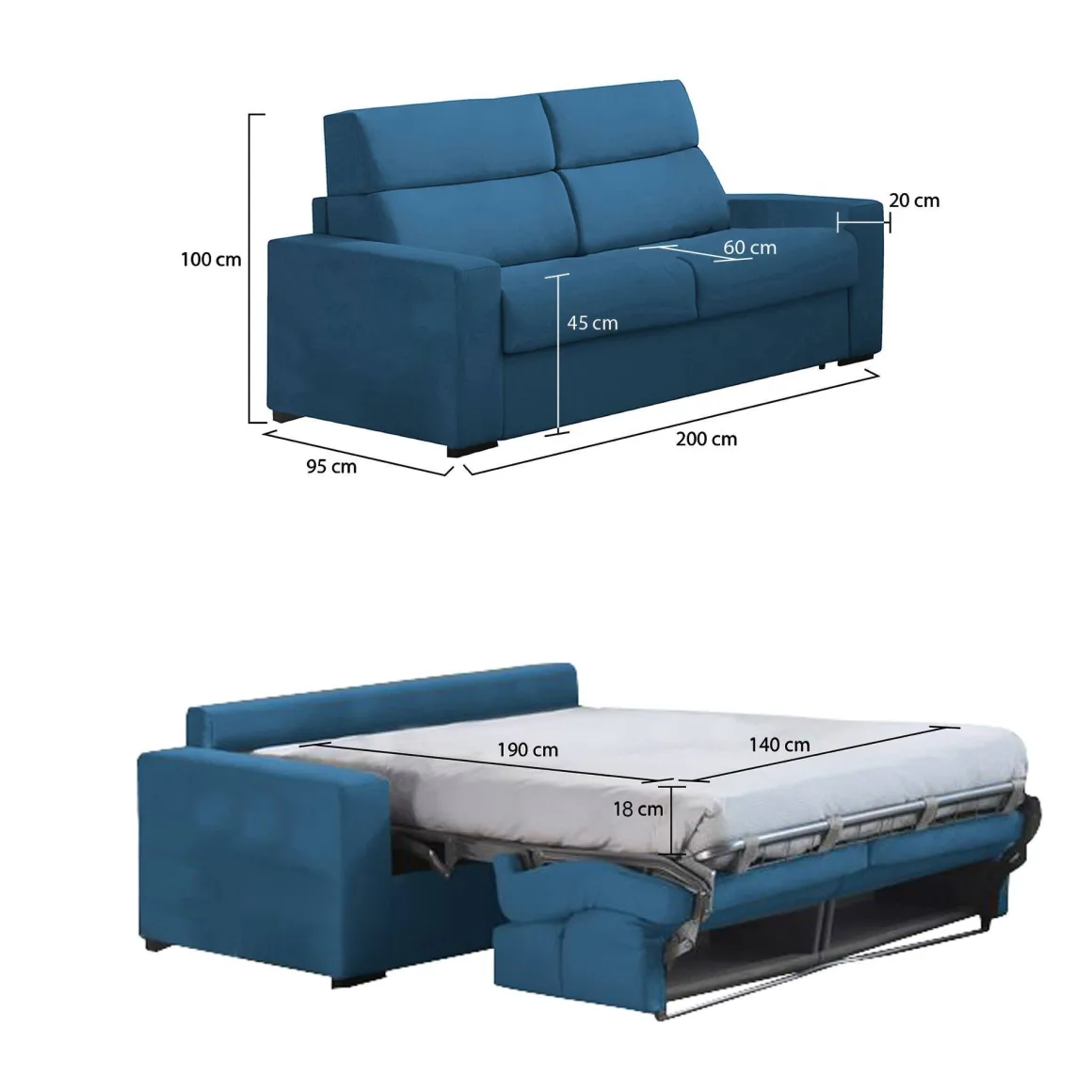Divano Letto 2 Posti blu Sfoderabile Contenitore 200x95 cm, di Apertura a Ribalta Made in Italy - Ecate