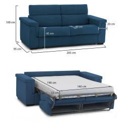 Divano Letto 2 Posti blu Sfoderabile Contenitore 205x95 cm, di Apertura a Ribalta Made in Italy - Biscossi