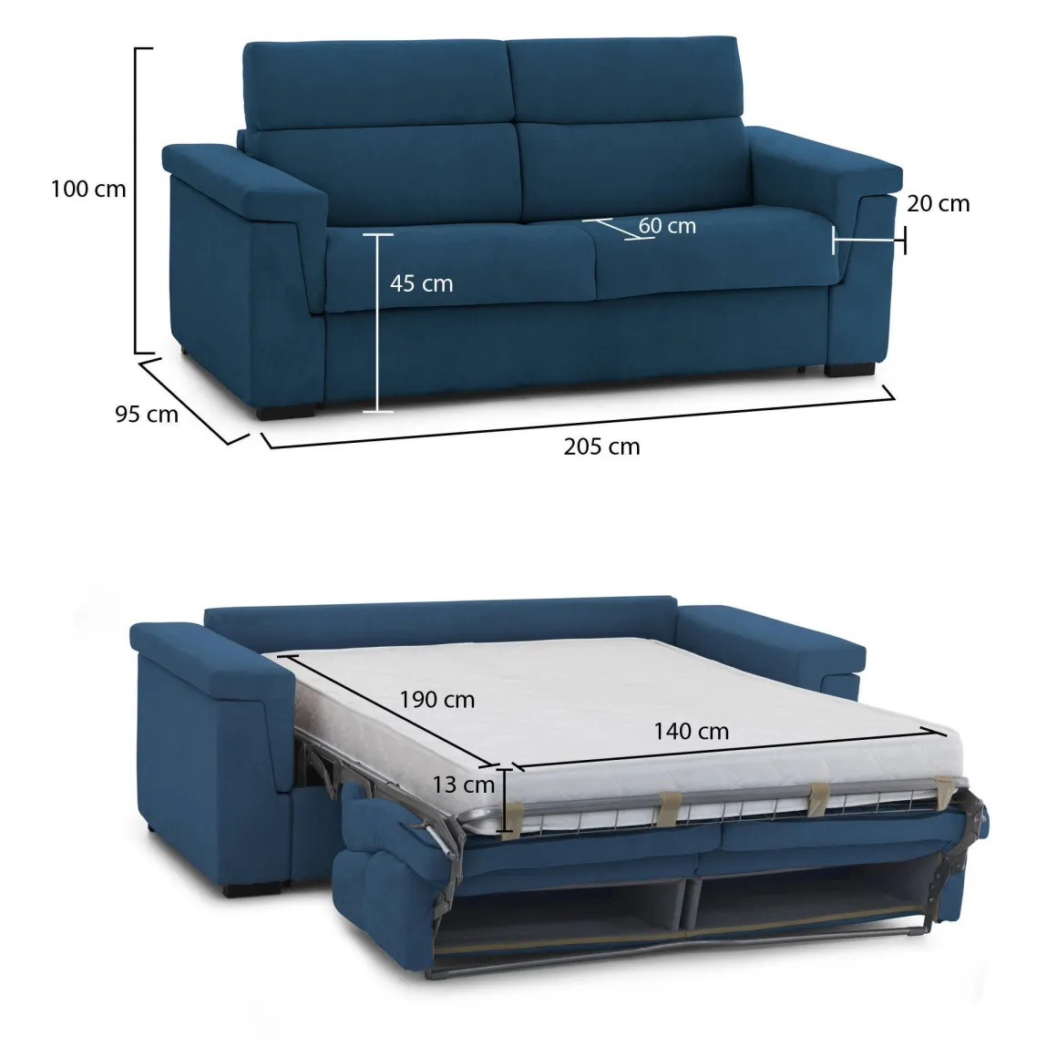 Divano Letto 2 Posti blu Sfoderabile Contenitore 205x95 cm, di Apertura a Ribalta Made in Italy - Biscossi