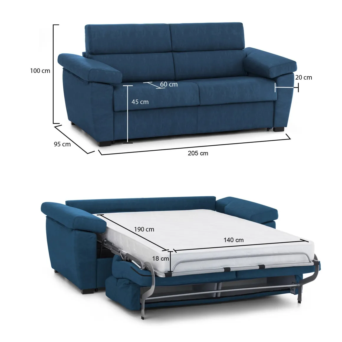 Divano Letto 2 Posti blu Sfoderabile Contenitore 205x95 cm, di Apertura a Ribalta Made in Italy - Contrada