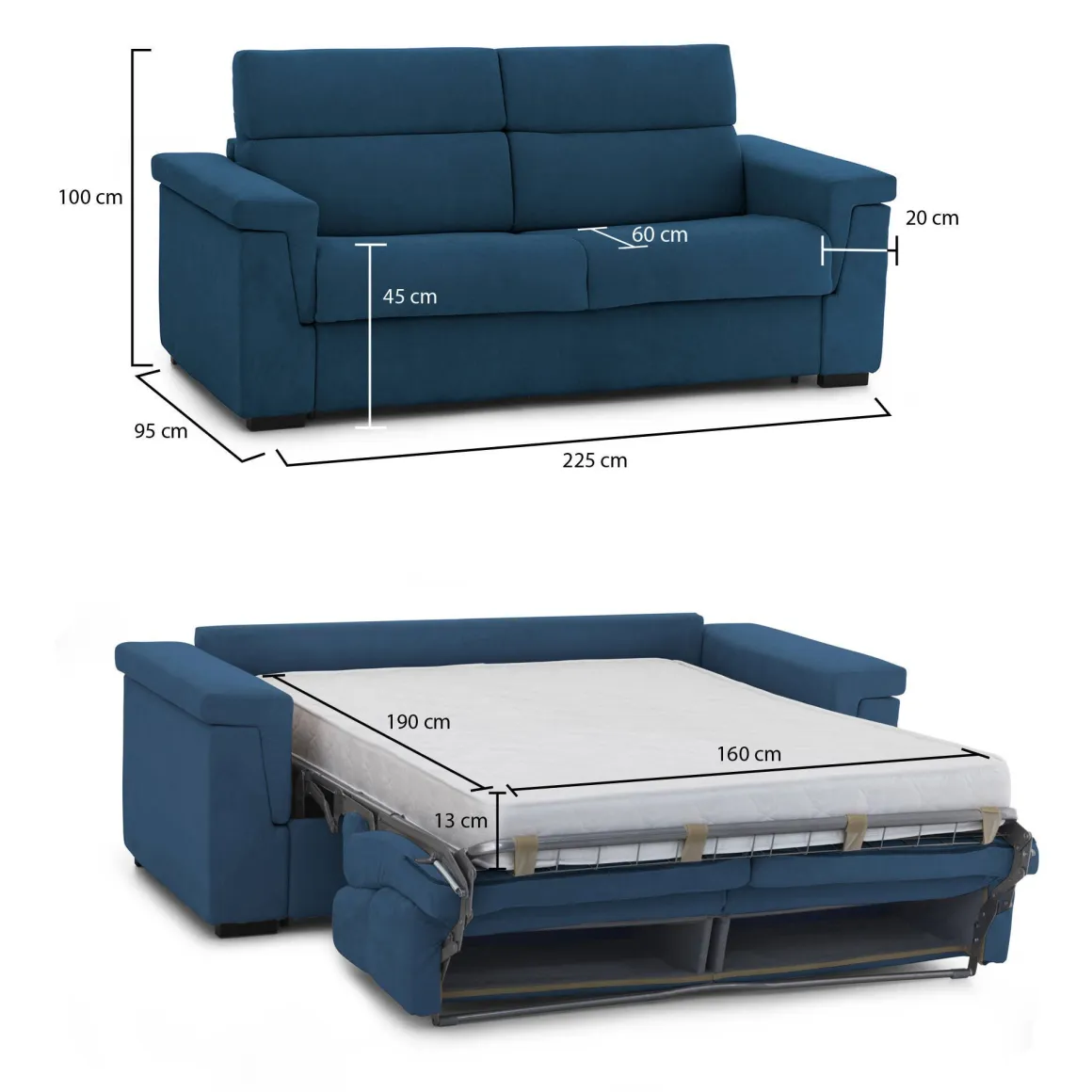 Divano Letto 3 Posti blu Sfoderabile Contenitore 225x95 cm, Lavabile Made in Italy - Nus