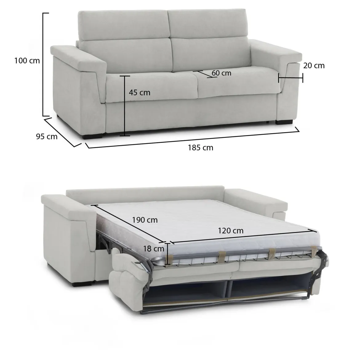 Divano Letto 2 Posti Grigio Chiaro Sfoderabile Contenitore 185x95 cm, di Apertura a Ribalta Made in Italy - Rigolato
