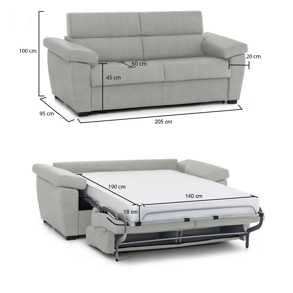 Divano Letto 2 Posti Grigio Chiaro Sfoderabile Contenitore 205x95 cm, di Apertura a Ribalta Made in Italy - Contrada