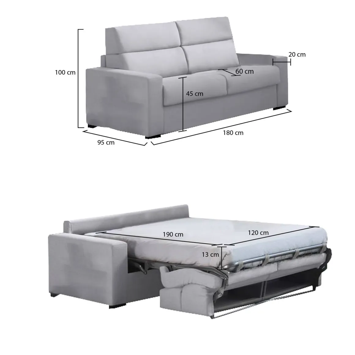 Divano Letto 2 Posti Grigio Sfoderabile Contenitore 180x95 cm, di Apertura a Ribalta Made in Italy - Casabona