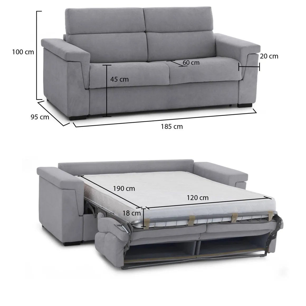 Divano Letto 2 Posti Grigio Sfoderabile Contenitore 185x95 cm, di Apertura a Ribalta Made in Italy - Rigolato