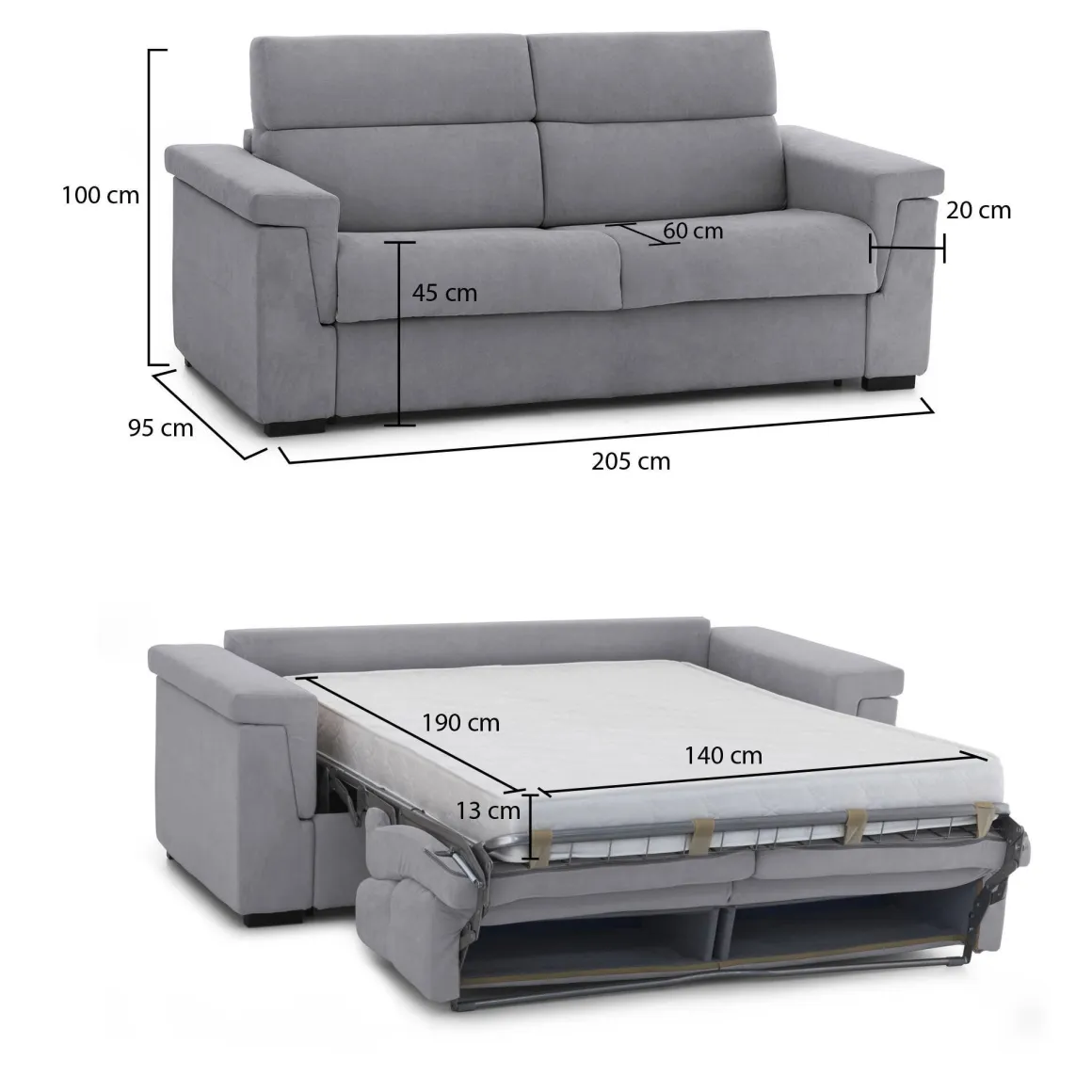 Divano Letto 2 Posti Grigio Sfoderabile Contenitore 205x95 cm, di Apertura a Ribalta Made in Italy - Biscossi