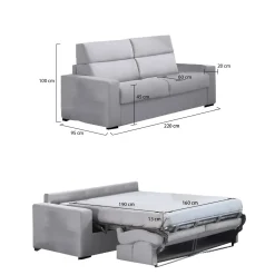Divano Letto 3 Posti Grigio Sfoderabile Contenitore 220x95 cm, Lavabile Made in Italy - Marcon