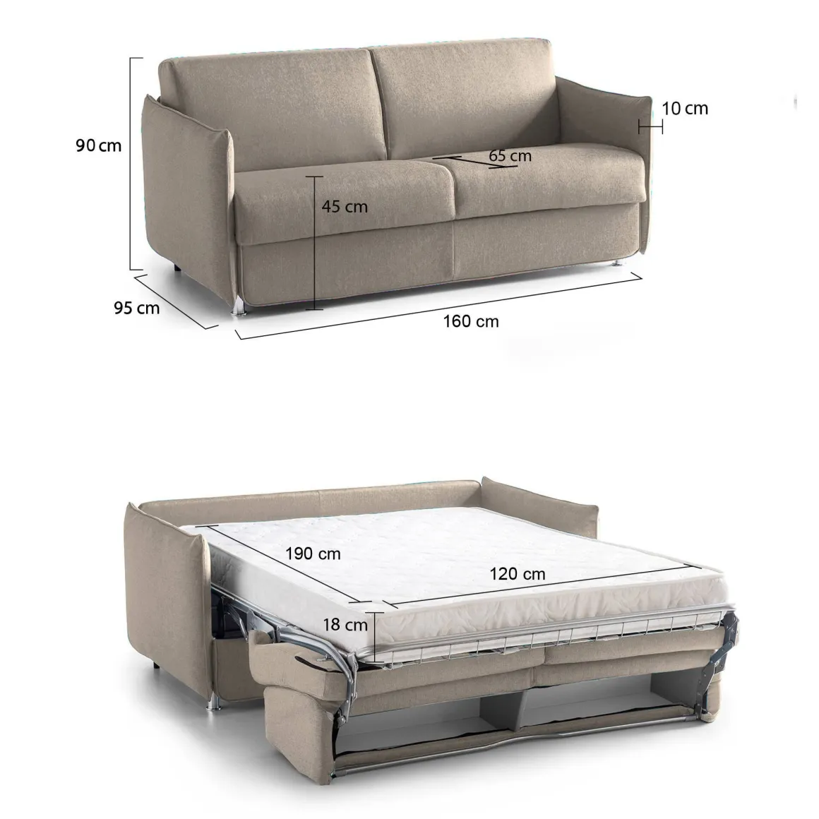 Divano Letto 2 Posti Grigio Tortora Sfoderabile Contenitore 160x95 cm, di Apertura a Ribalta Made in Italy - Follina