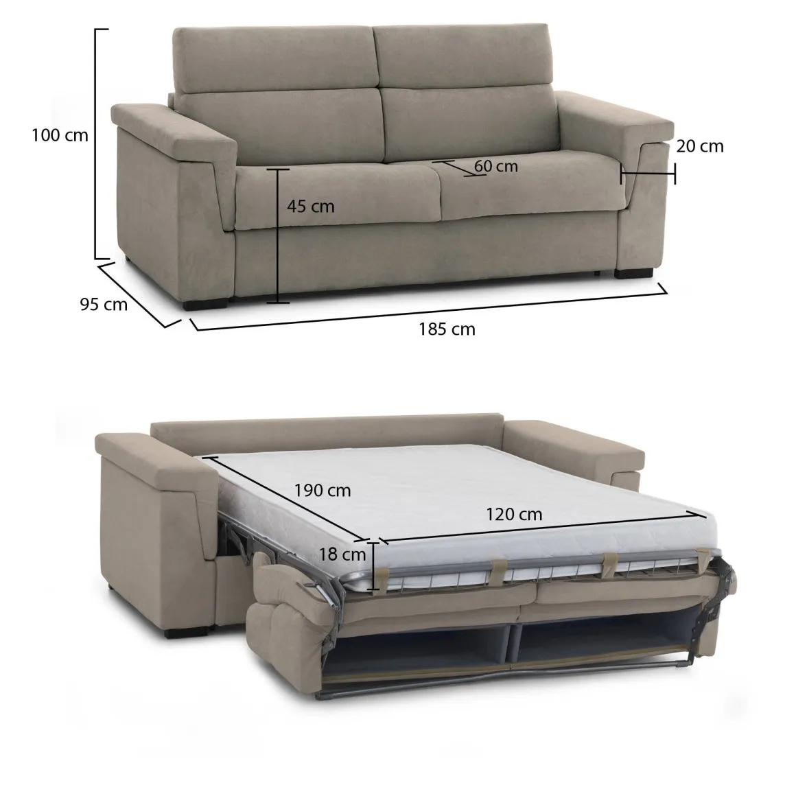 Divani Letto 2 Posti|Divano Contenitore Letto > Dmora Divano Letto 2 Posti Sfoderabile Contenitore 185x95 cm, di Apertura a Ribalta Made in Italy - Salorno Grigio Tortora