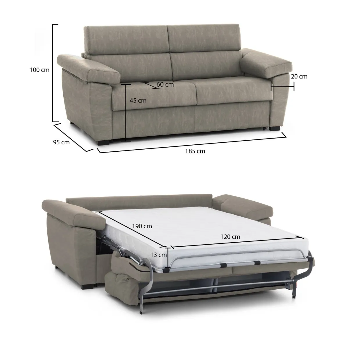 Divano Letto 2 Posti Grigio Tortora Sfoderabile Contenitore 185x95 cm, di Apertura a Ribalta Made in Italy - Seui