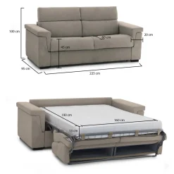 Divano Letto 3 Posti Grigio Tortora Sfoderabile Contenitore 225x95 cm, Lavabile Made in Italy - Nus