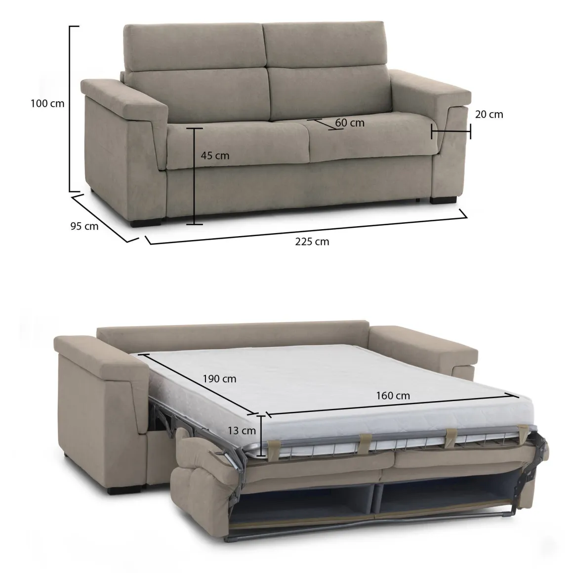 Divano Letto 3 Posti Grigio Tortora Sfoderabile Contenitore 225x95 cm, Lavabile Made in Italy - Nus
