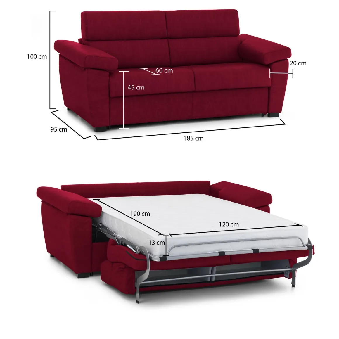 Divani Letto 2 Posti|Divano Contenitore Letto > Dmora Divano Letto 2 Posti Sfoderabile Contenitore 185x95 cm, di Apertura a Ribalta Made in Italy - Tenna Rosso