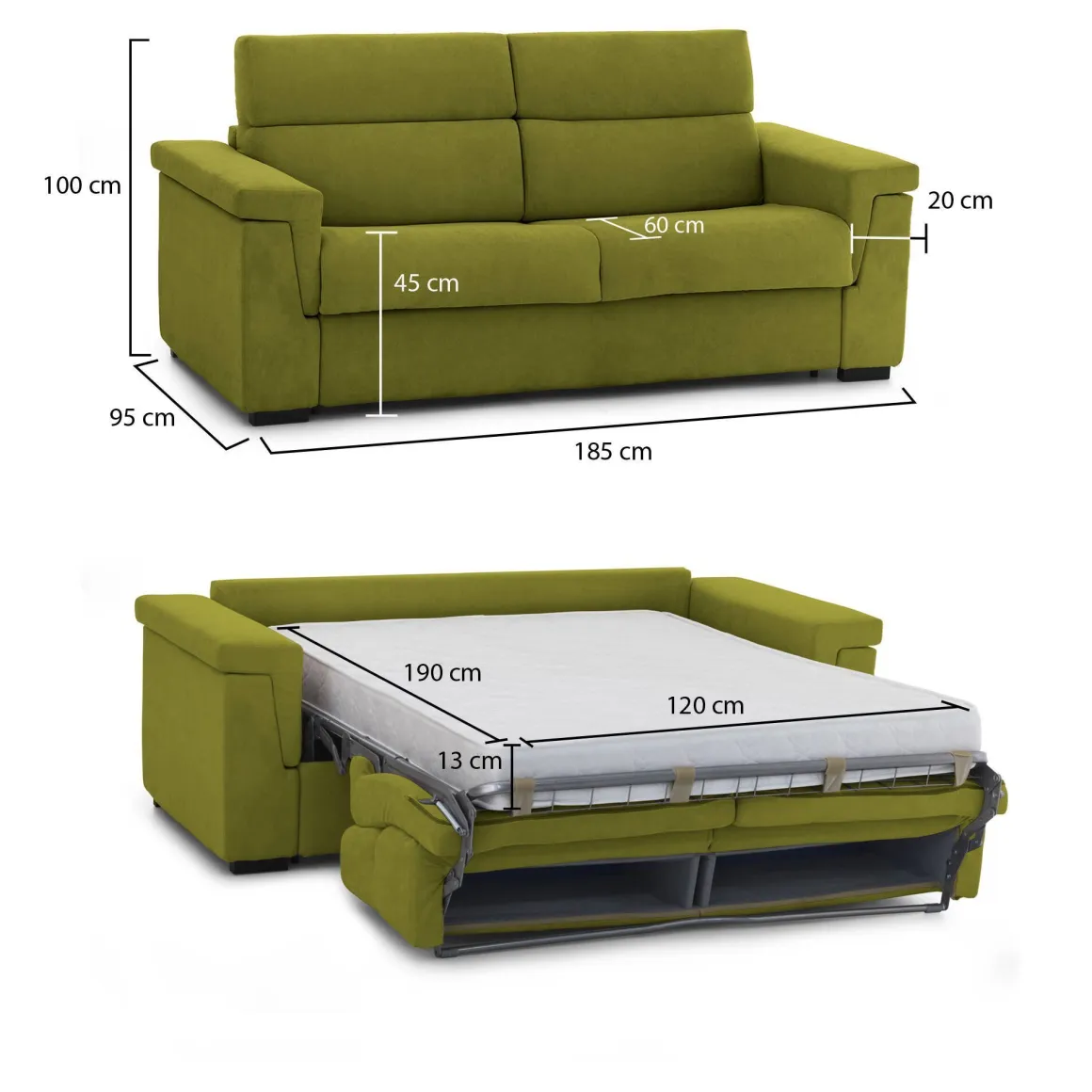 Divani Letto 2 Posti|Divano Contenitore Letto > Dmora Divano Letto 2 Posti Sfoderabile Contenitore 200x95 cm, di Apertura a Ribalta Made in Italy - Ecate Verde