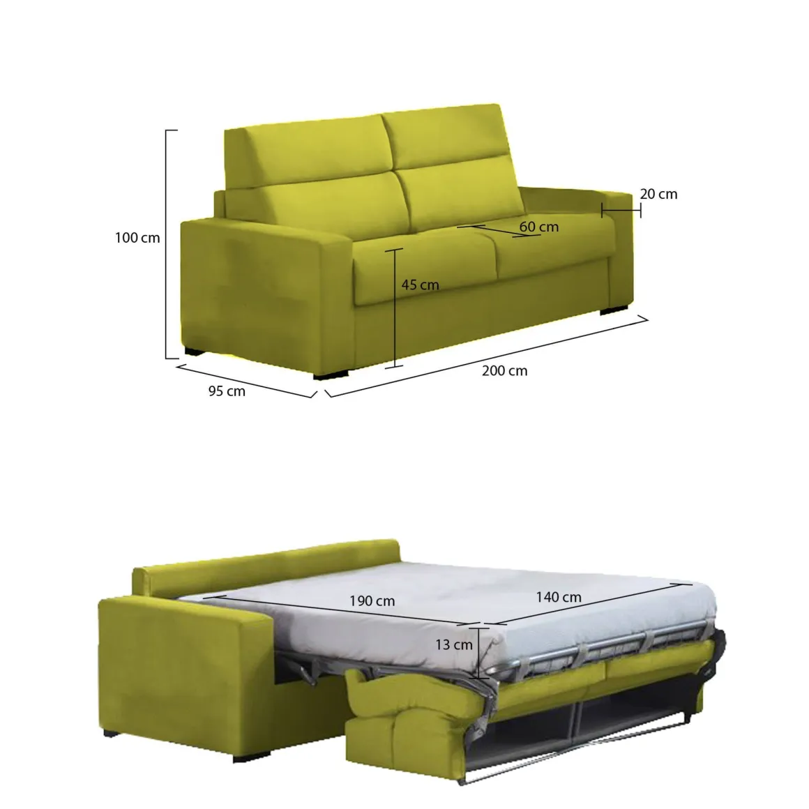 Divano Letto 2 Posti Verde Sfoderabile Contenitore 200x95 cm, di Apertura a Ribalta Made in Italy - Sonico