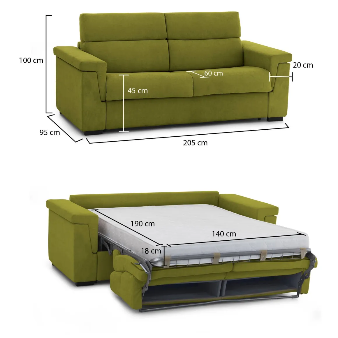 Divani Letto 2 Posti|Divano Contenitore Letto > Dmora Divano Letto 2 Posti Sfoderabile Contenitore 205x95 cm, di Apertura a Ribalta Made in Italy - Contrada Verde