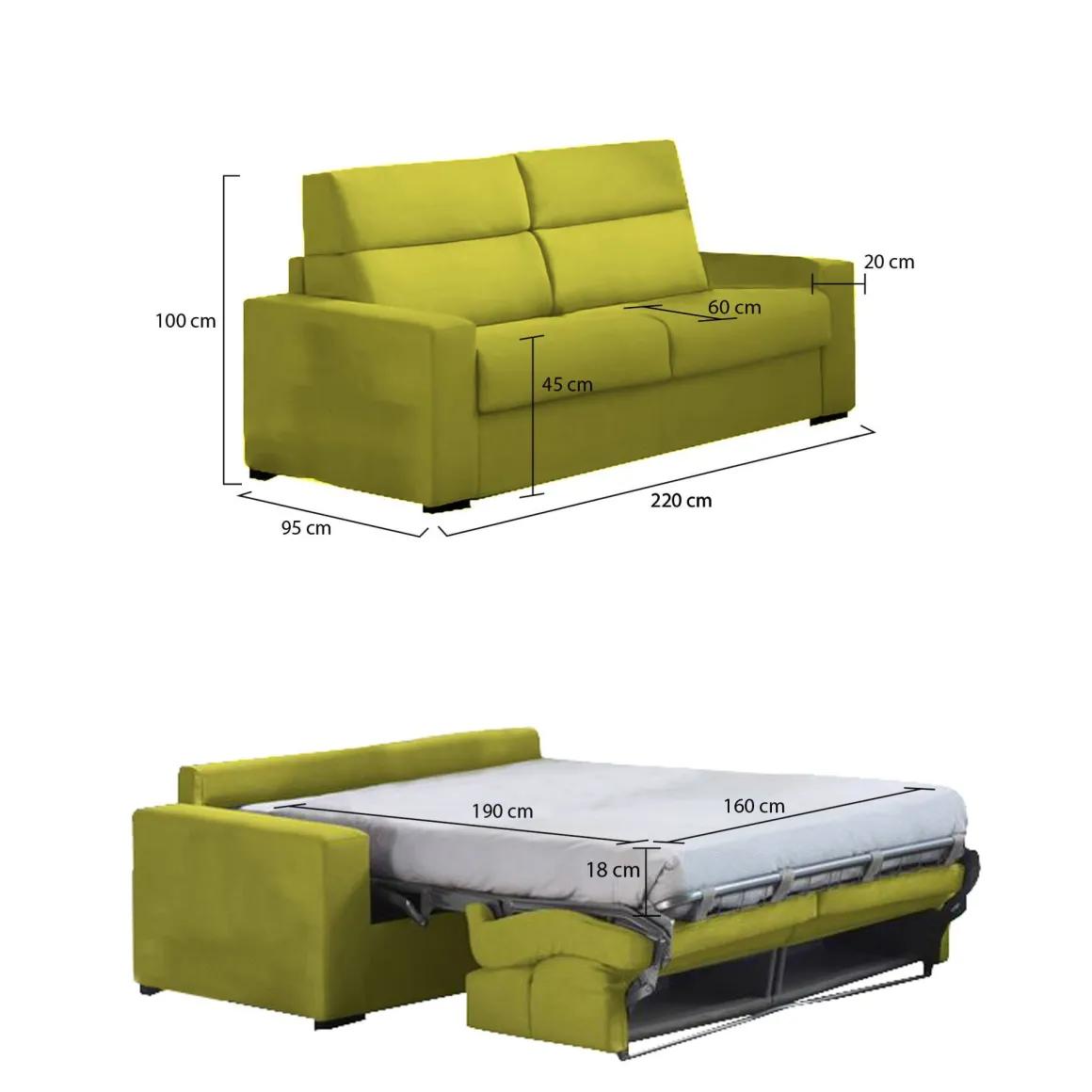 Divano Letto 3 Posti Verde Sfoderabile Contenitore 220x95 cm, Lavabile Made in Italy - Quindici